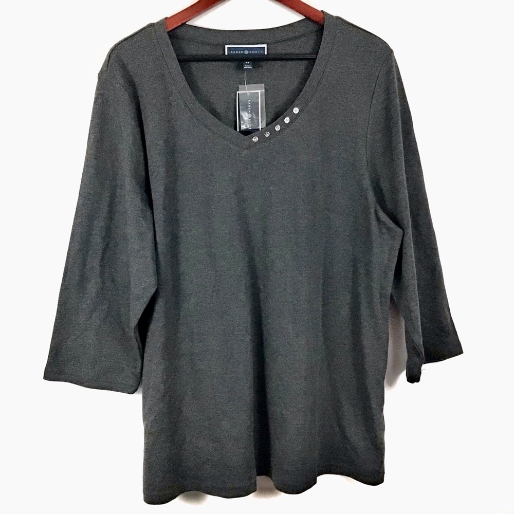 Karen Scott Macy's Plus 3/4 Sleeve Side Button Tee - Picture 2 of 3